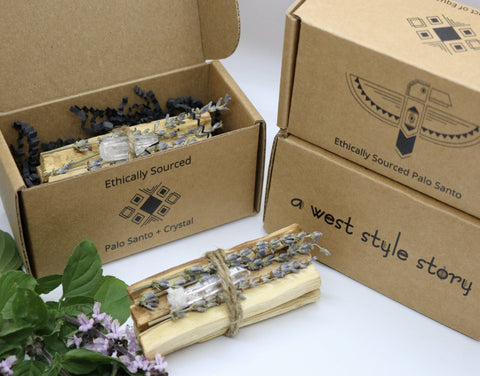 Palo Santo 12 bundles BOXED ~ Lavendar + Quartz point